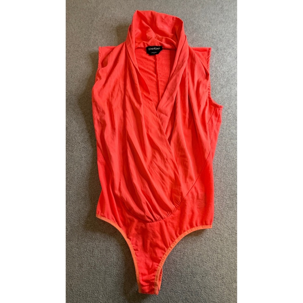 Bebe Womens Coral Orange Draped Surplice V-Neck‎ Sleeveless Thong Bodysuit XS